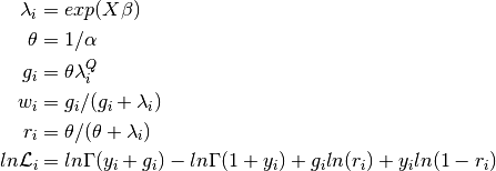 \lambda_i &= exp(X\beta) \\
\theta &= 1 / \alpha \\
g_i &= \theta \lambda_i^Q \\
w_i &= g_i/(g_i + \lambda_i) \\
r_i &= \theta / (\theta+\lambda_i) \\
ln \mathcal{L}_i &= ln \Gamma(y_i+g_i) - ln \Gamma(1+y_i) + g_iln (r_i) + y_i ln(1-r_i)