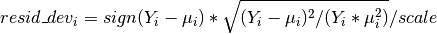 resid\_dev_i = sign(Y_i - \mu_i) *
\sqrt {(Y_i - \mu_i)^2 / (Y_i * \mu_i^2)} / scale